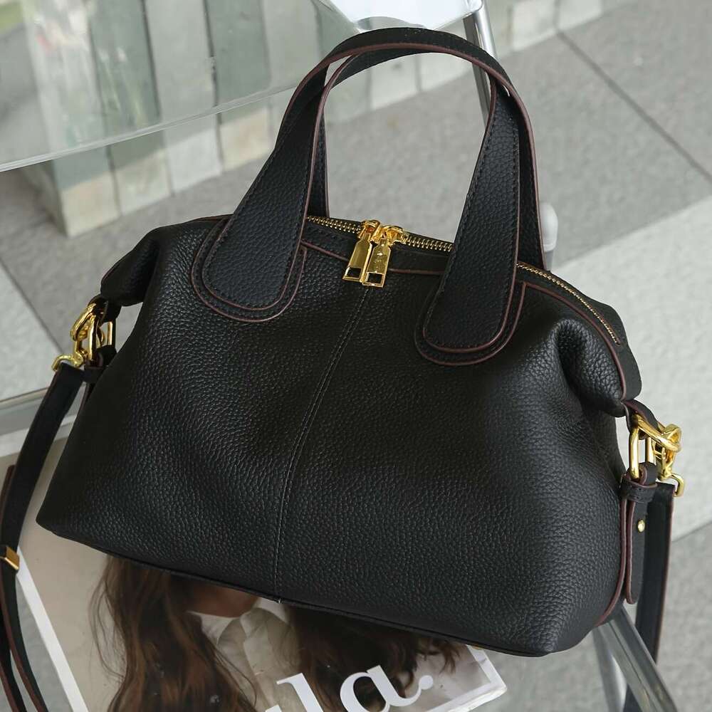 Wo's Genuine Leather - French Cow Full Grain/Black With Gold Hardware, Korean Style Elegant Shoulder Bag, Wrist Strap Zipper Closure, Suitable Fo