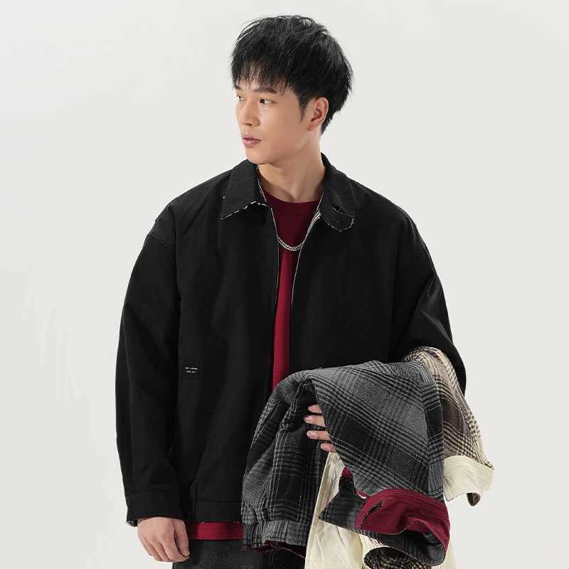 Men Streetwear Fashion Loose Casual Vintage Bomber Motorcycle Jacket Double Side Wearable Splice Plaid Spring Autumn Coat J251017