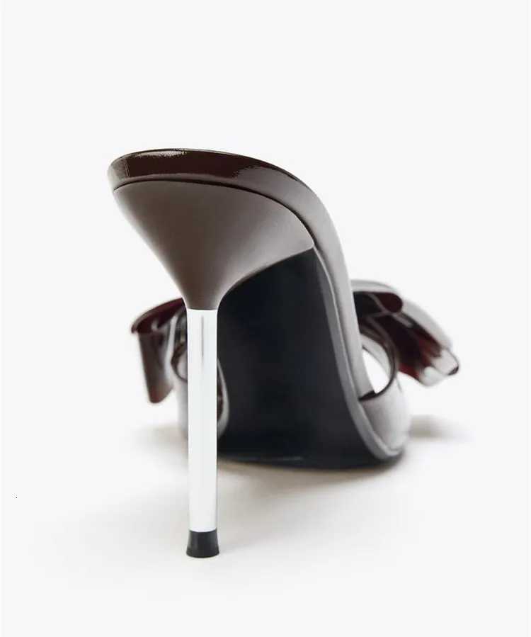 Sexy Peep Toe Thin Heeled Sandals Women Patent Leather Butterfly Knot Decoration Slippers Elegant Pointed Toe Party High Heels Z251015