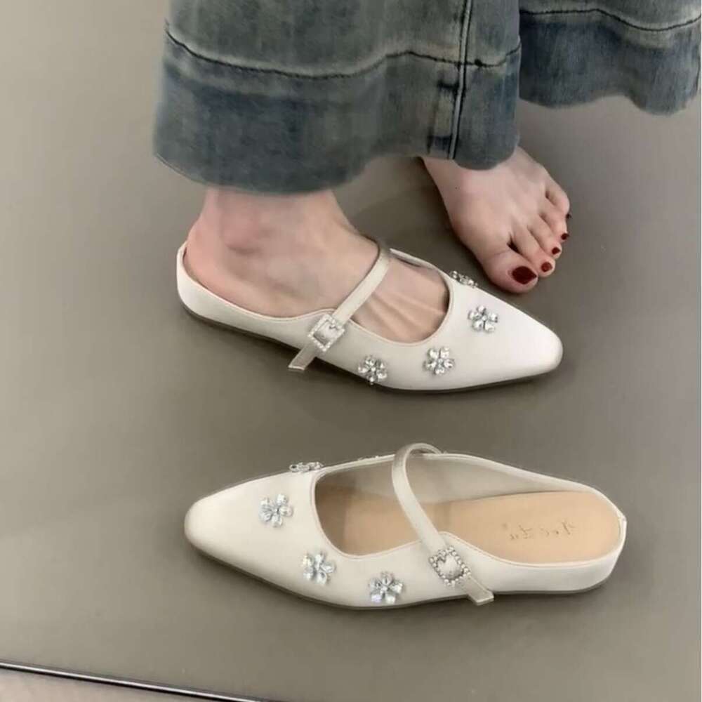 Women's Designer Shoe French Style - Flat Mary Jane Half Sandals Slippers with Rhinestone Bowknot Gentle Evening Single Shoes
