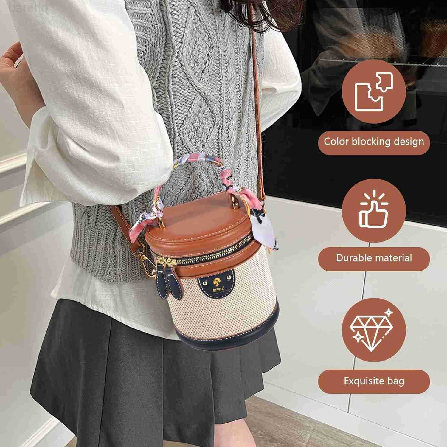 2025 Bucket Bag for WomenRetro Crossbody Bags for Women Female PU Leather Color Contrast Cylinder Z251017