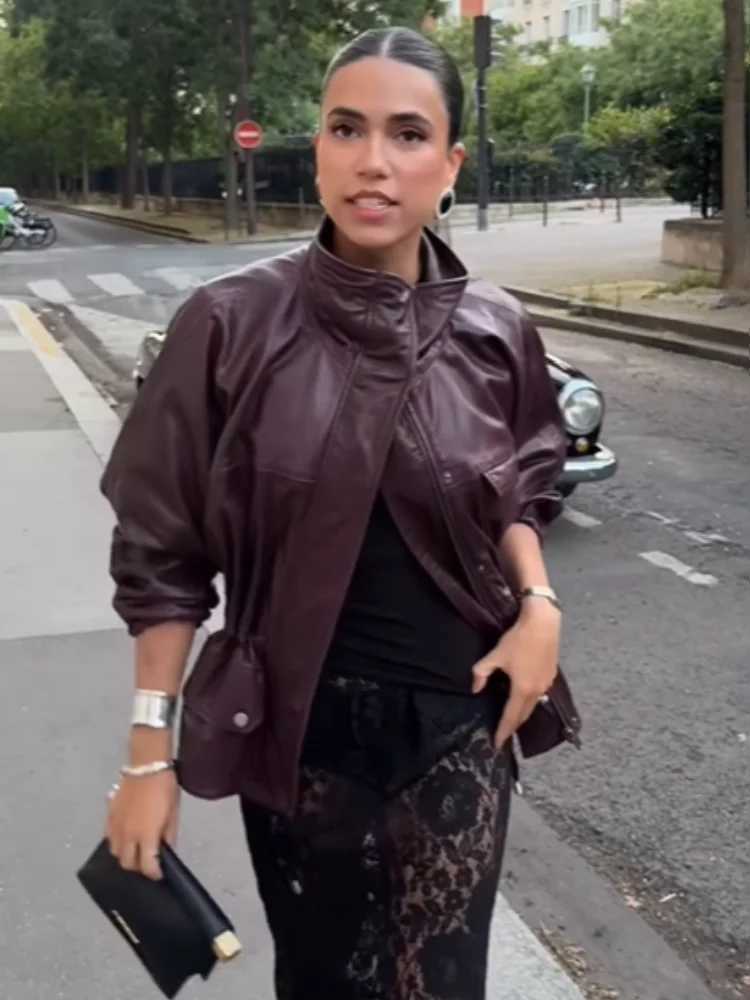 Retro PU Leather Stand Collar Jacket Women Fashion Wine Single Breasted Waistcinching Jackets Lady 2025 Chic Street OutwearsT251017