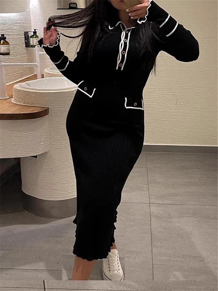 REALEFT Autumn Winter Elegant Knitted Long Ruffles Dressres 2025 High Waist Buttons Turndown Collar Sweater Dresses Female 251017