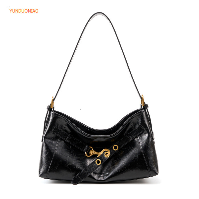 Autumn and winter new designer bag wax cowhide retro style women's shoulder bag fashion trend crossbody armpit bag versatile commuting bag