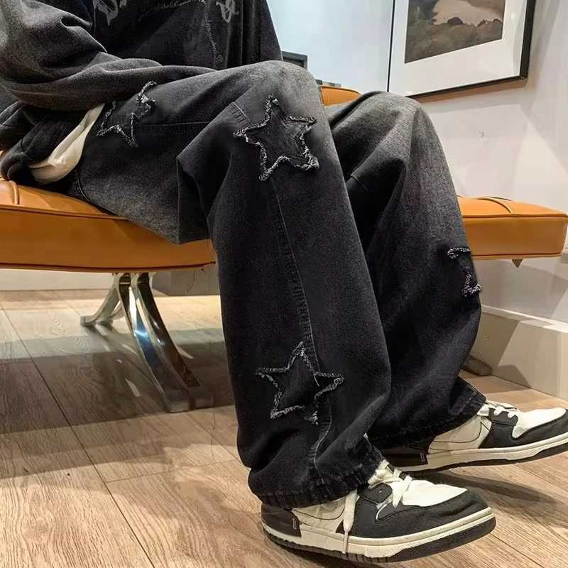 Star Embroidery Straight Casual Men Jeans Gothic Neutral New Wide Leg Loose Hiphop Fashion Youth Streetwear Denim Trousers Y2K1 Y251105