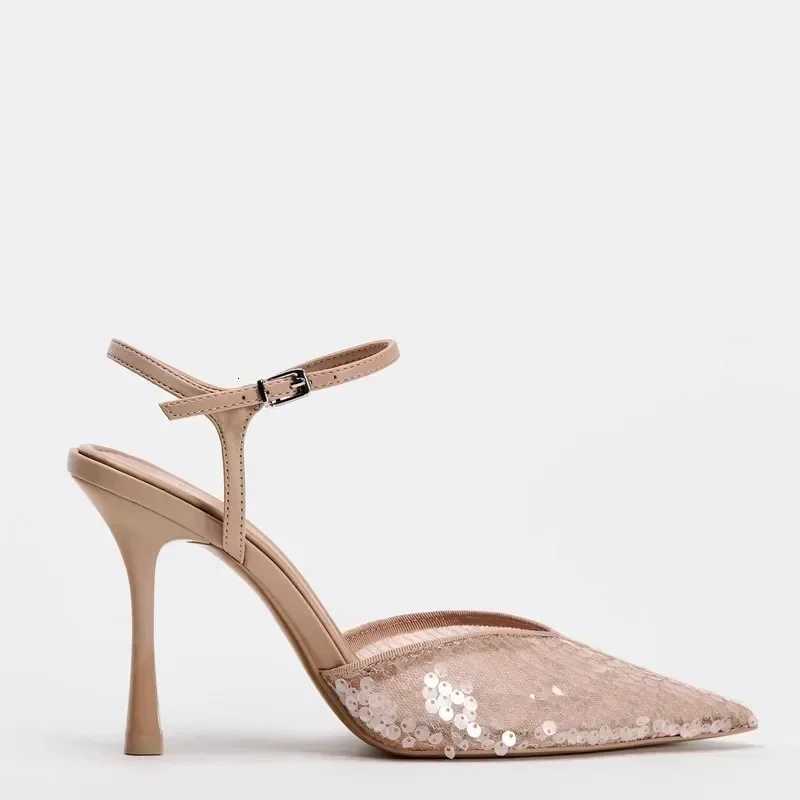 Luxury Designer Mesh Thin high Heeled Sandals Women Sexy Pointed Toe Bling Pumps Beige Open Heel Ankle Strap Wedding Party Shoes Z251015