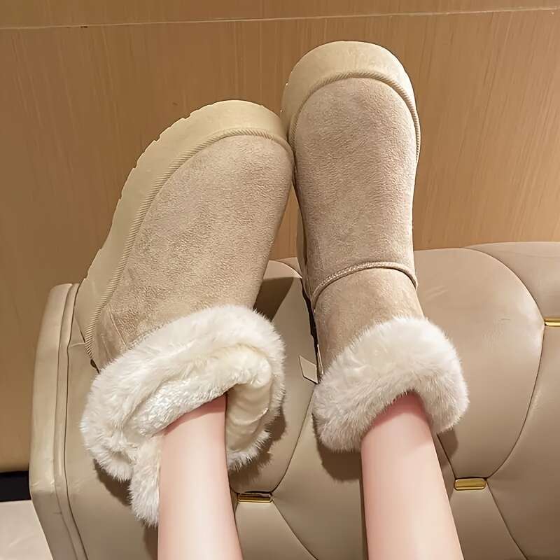 Women's Warm Winter Short -Like Faux Trim Round Toe & Low Block Heel, Round-Toe Snow With Rubber Sole No Edges Brown - Cozy Casual/Dress Boots Fo