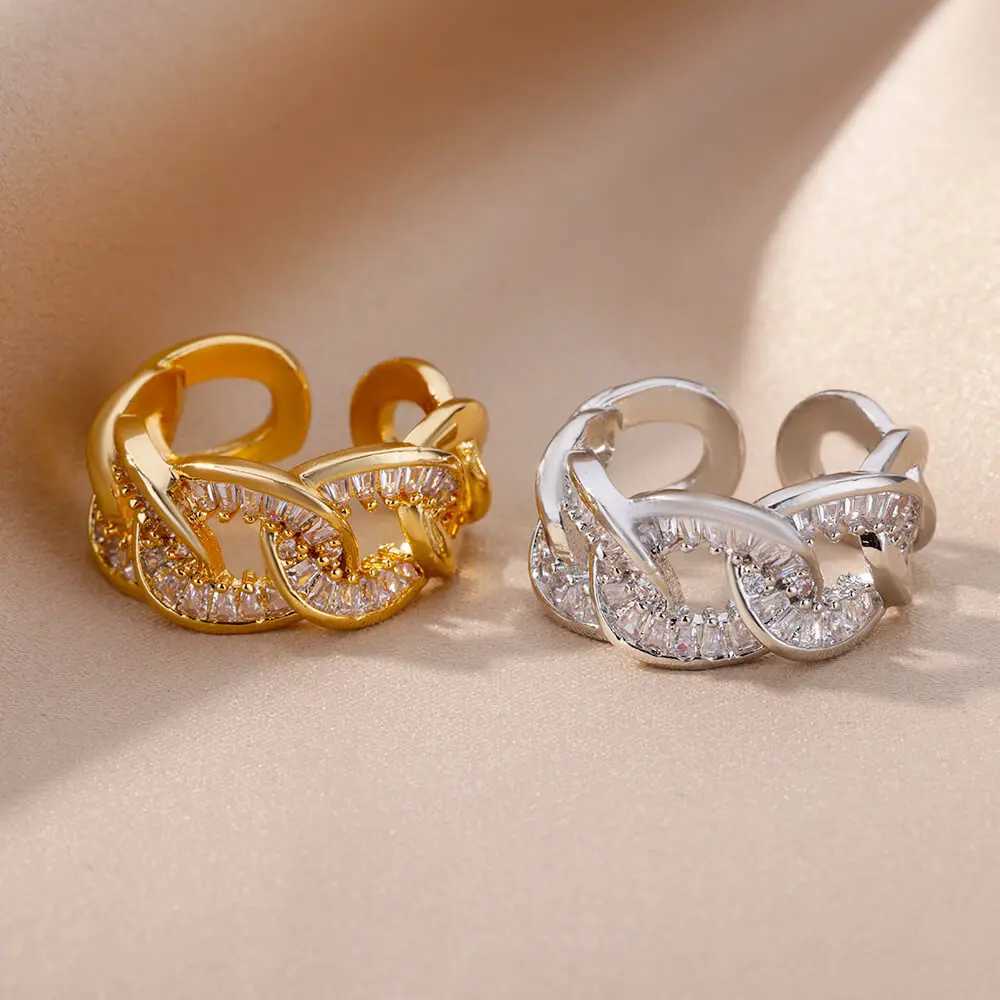 Stainless Steel Chain Rings For Women Gold Color Zircon Adjustable Finger Ring 2023 Trend Wedding Jewelry inoxidable anillosW251017