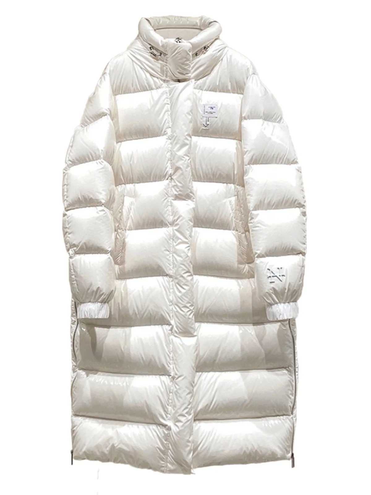 Womens Winter Hooded Glossy Long Sleeve Hooded Long White Duck Down Coat Lady Thick Warm Down Outwear W251016