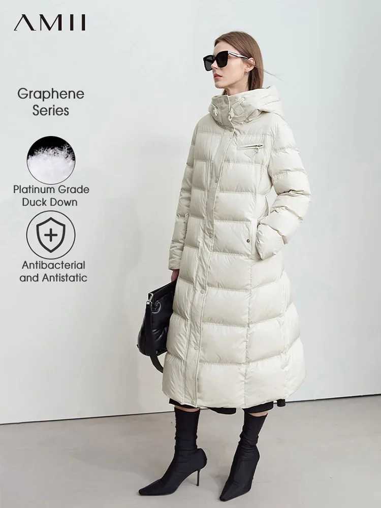 Amii 2024 winter new warm hooded graphene lining long down jacket women leather brand decorative fashion commuter coat 12444029 W251016