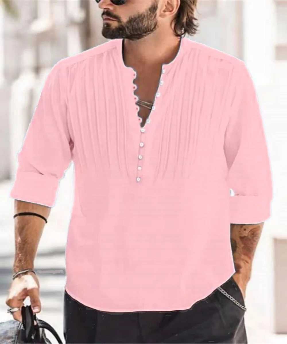 Mens shirt Long Sleeve Spring And Fall AllCotton Pleated Vneck Trend Business Casual Loose Pullover J251017