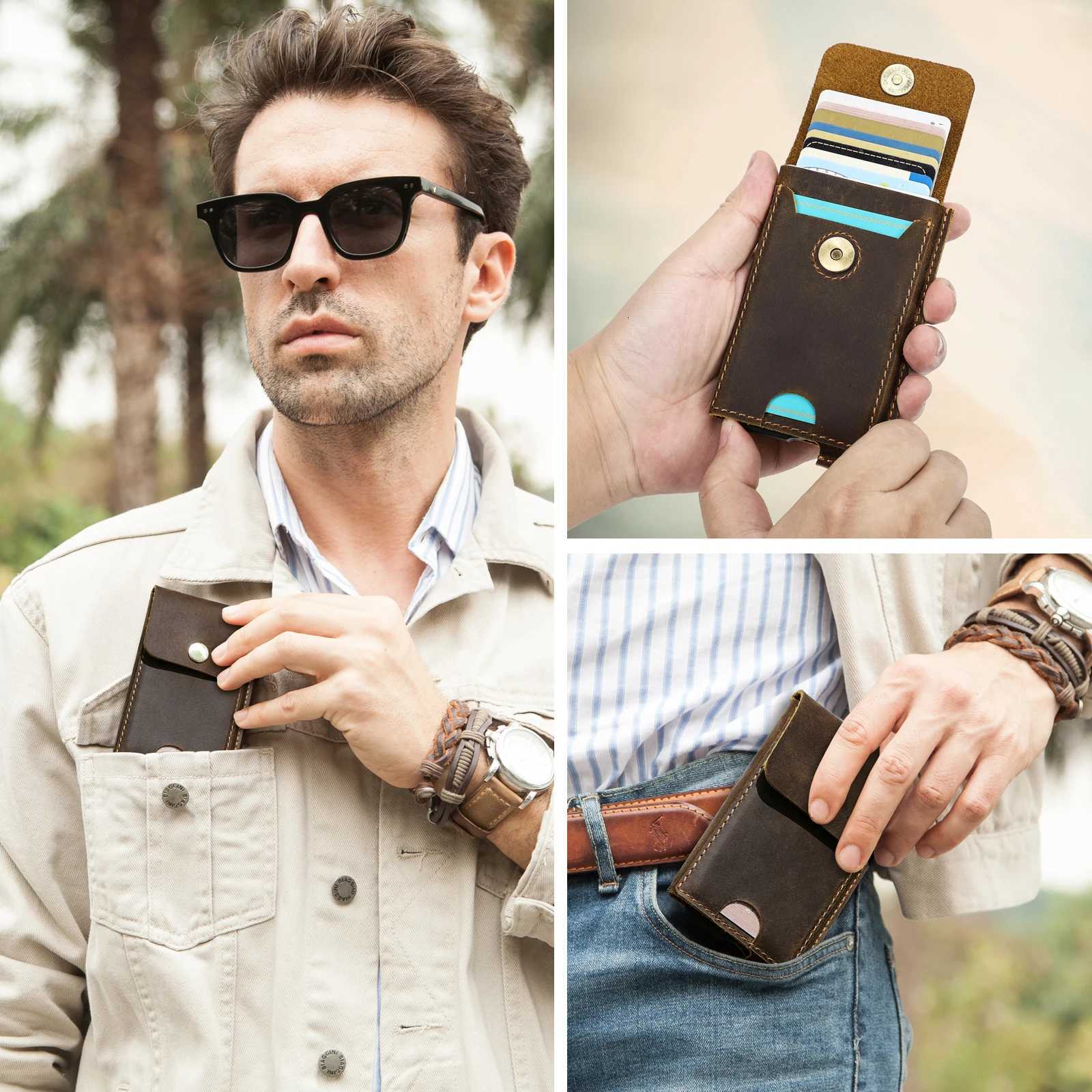 Hiram Vintage Genuine Leather RFID Blocking Card Holder Wallet for Men Luxury Card Wallet Case Aluminum Metal Slim CardholderW251017