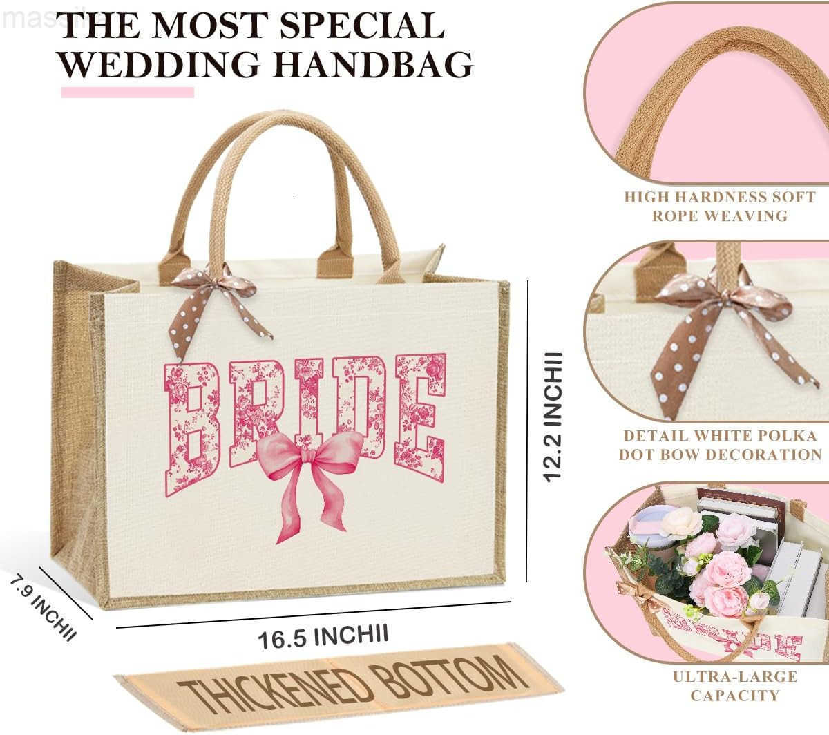 Bride Wedding Tote Bag Coquette Bow Tote Bag with Floral for Wedding Bachelorette Party Honeymoon Travel M251017