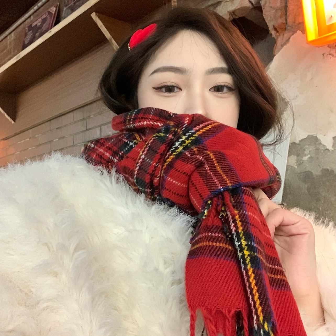 Korean Style Red Plaid Tassel Christmas Scarf Atmosphere Birthday Gift Winter Versatile Student Couple Shawl Trendy