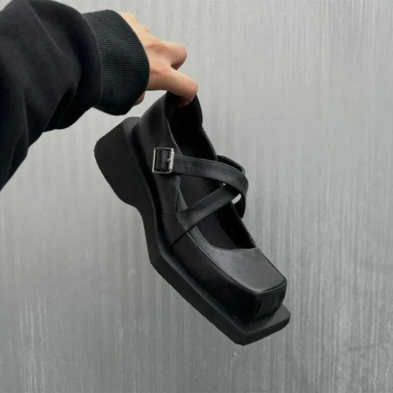 Sexy Square Toe Mary Jane Shoes Women Wedge Platform Shoes for Women Comfortable Leather PU Flats Cross Tie Buckle Casual Shoes Z251015