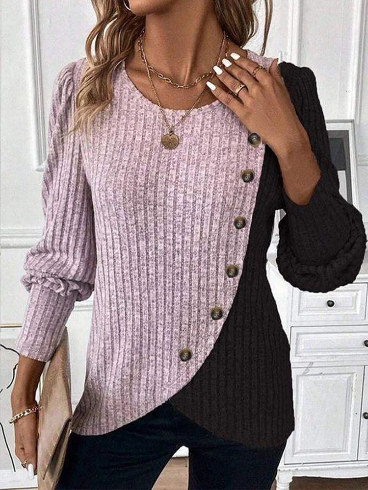 Autumn Long Sleeve Buttons Pit Striped Women Sweaters Contrast Color ONeck Pullovers Loose Simple Knitted Clothing 251013