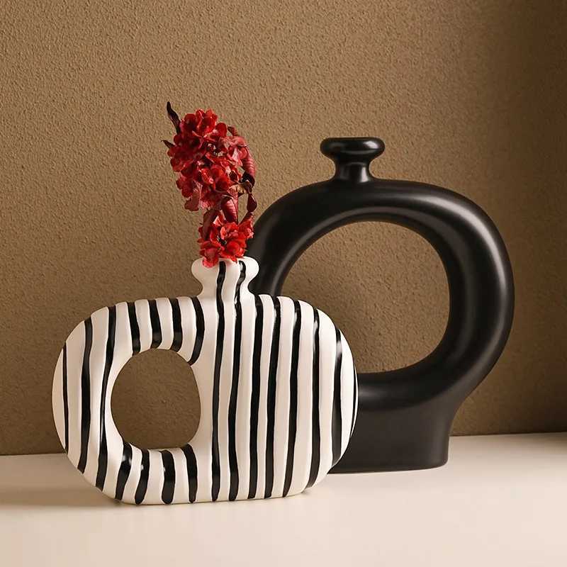 Beihanmei Creative Retro Black White Striped Ceramic Vase for Flower Arrangement Living Room Decor C251017