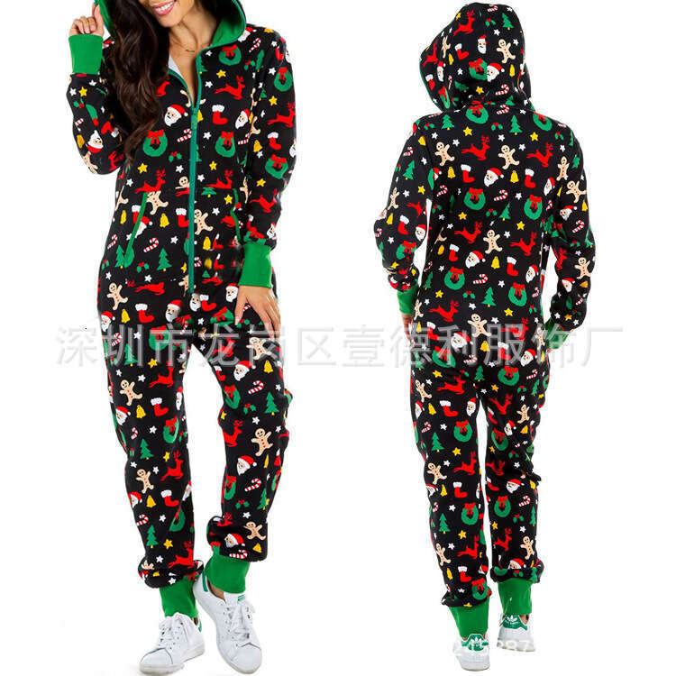 Christmas Pajamas For Women Autumn And Winter New Style Couple Hooded Home Clothes One-Piece Pants B5