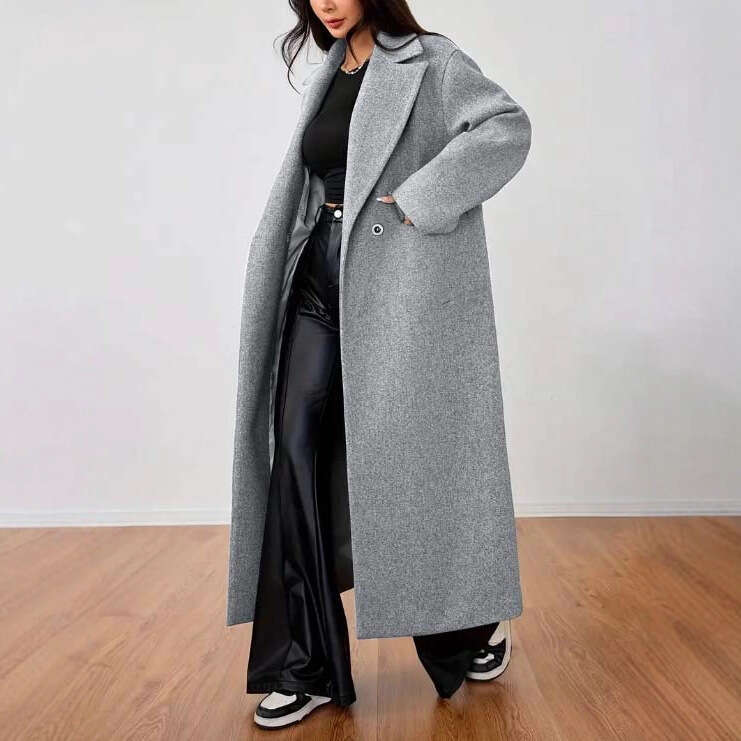Women's Autumn Winter New Woolen Fashion Elegant Sleeve Turn-Down Collar Long Ladies Loose Coat B5