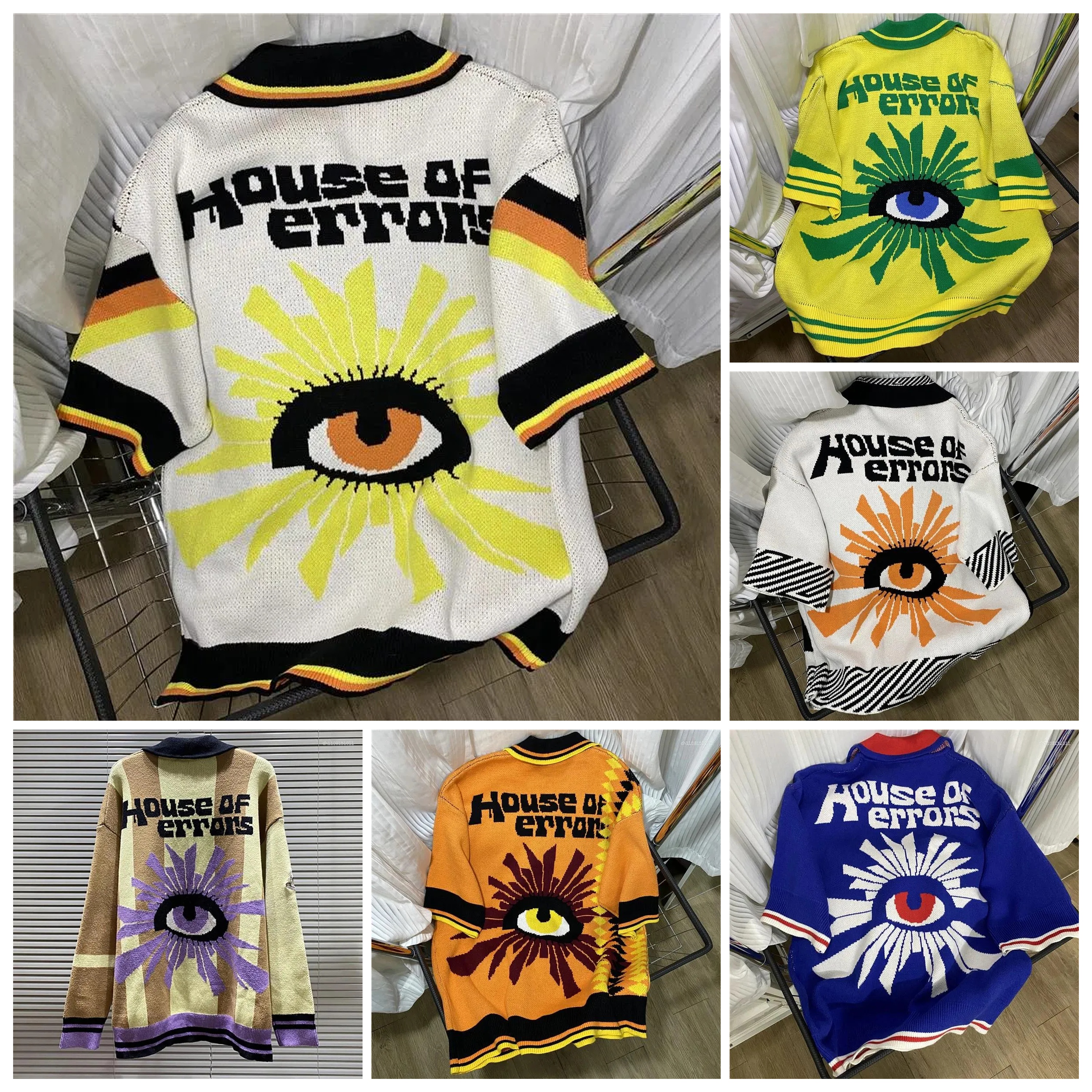 Men's T Shirts House Of Error Sweater Knitted Long Sleeve Multicolored Lapel Tops Jacquard Eye Pattern Loose Casual T-shirt