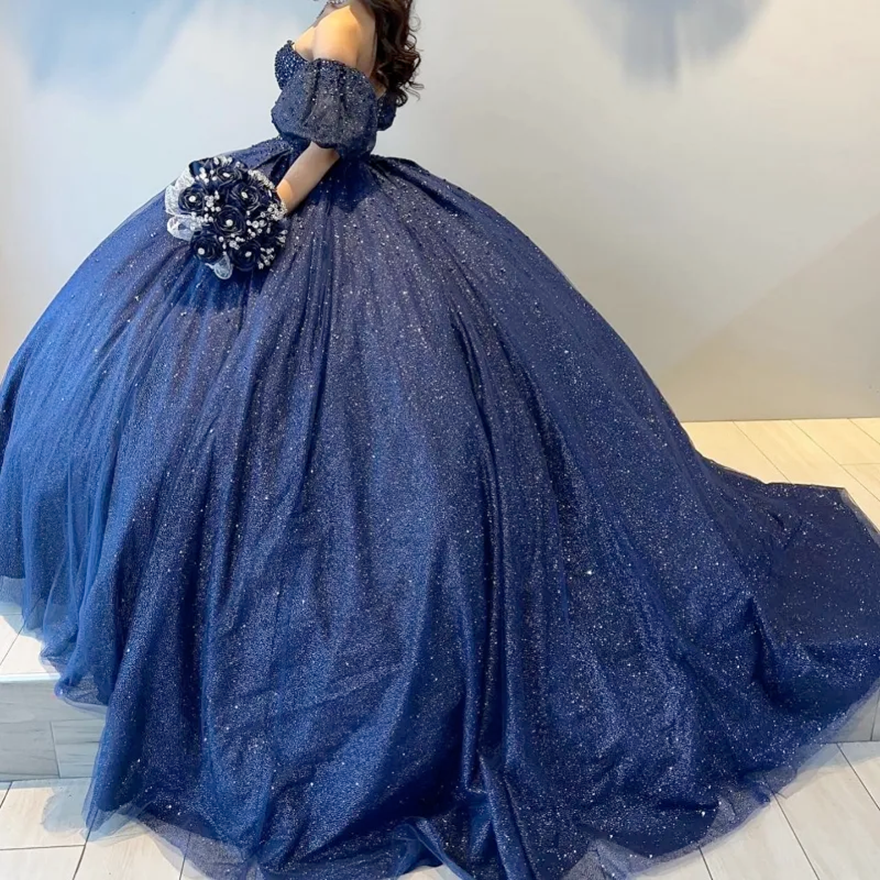 Sexy Sweetheart Navy Blue Shiny Quinceanera Dresses Short Sleeves Beads Vestidos De 15 Anos Court Train Birthday Party Gowns