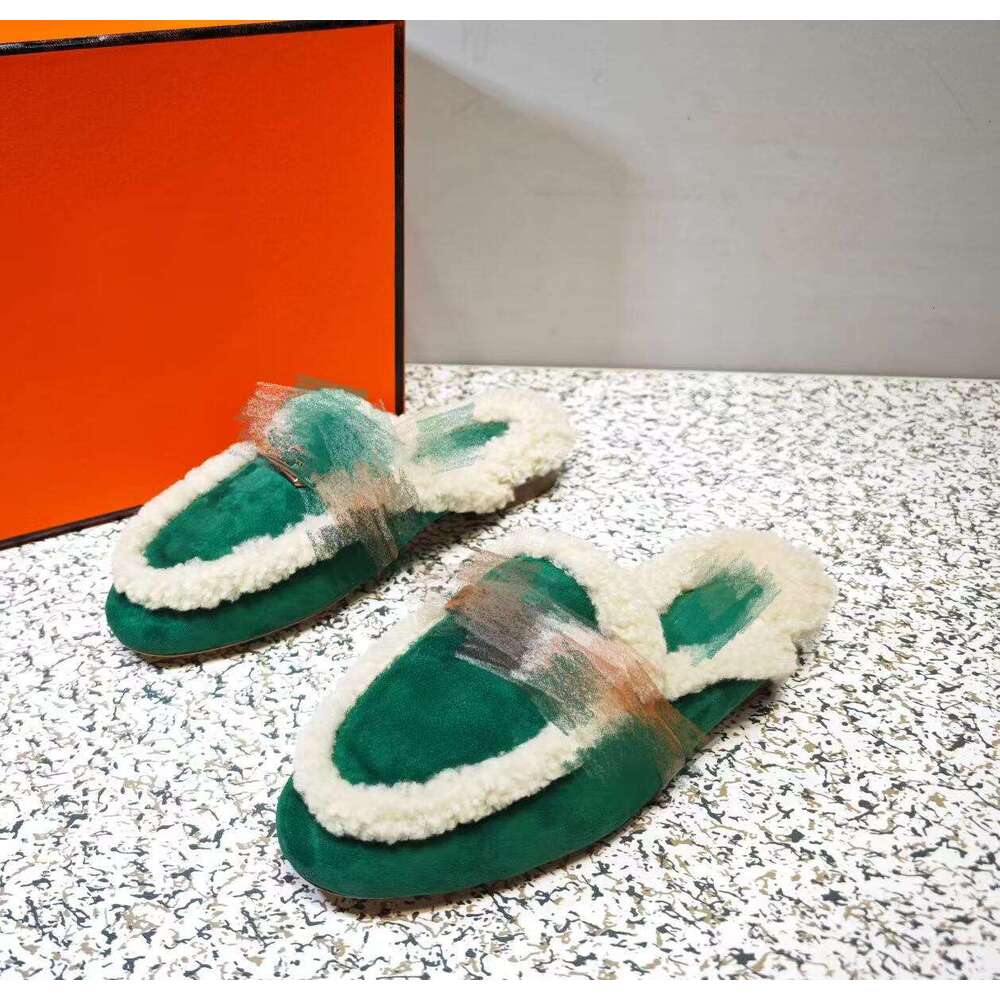 Fashion Designer Women Green Shoes Soft Wool Slippers