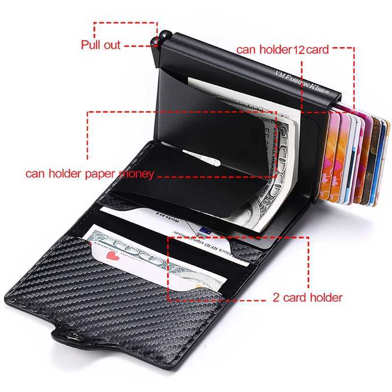 VM FASHION KISS Carbon Fiber High Quality Wallet Pu Leather RFID Security Double Aluminum Box Credit Card Holder Men Metal PurseW251017