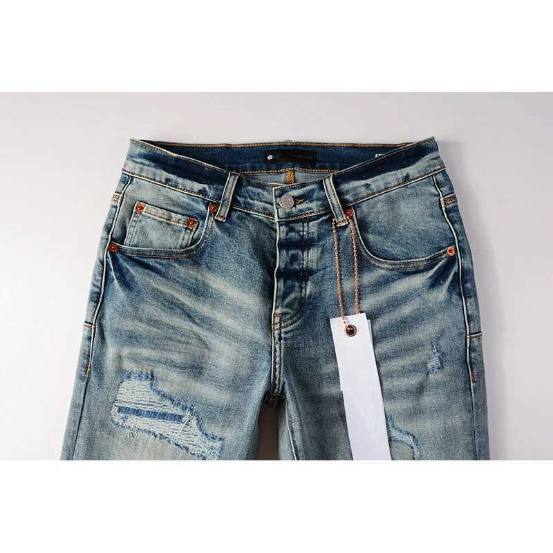 Mens 1 High Street Fashion Style Distressed Light Blue Stretch Skinny Damaged Holes Raw Hems Button Fly Ripped Jeans Men Y251105