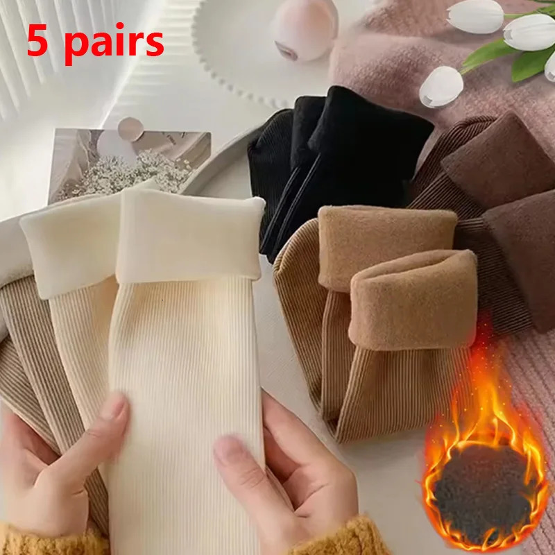 5 Pairs Snow Socks For Women Autumn Winter Socks With Fuzzy Thickened Warm Sleeping Floor Stockings Womens Solid Color Socks 251017