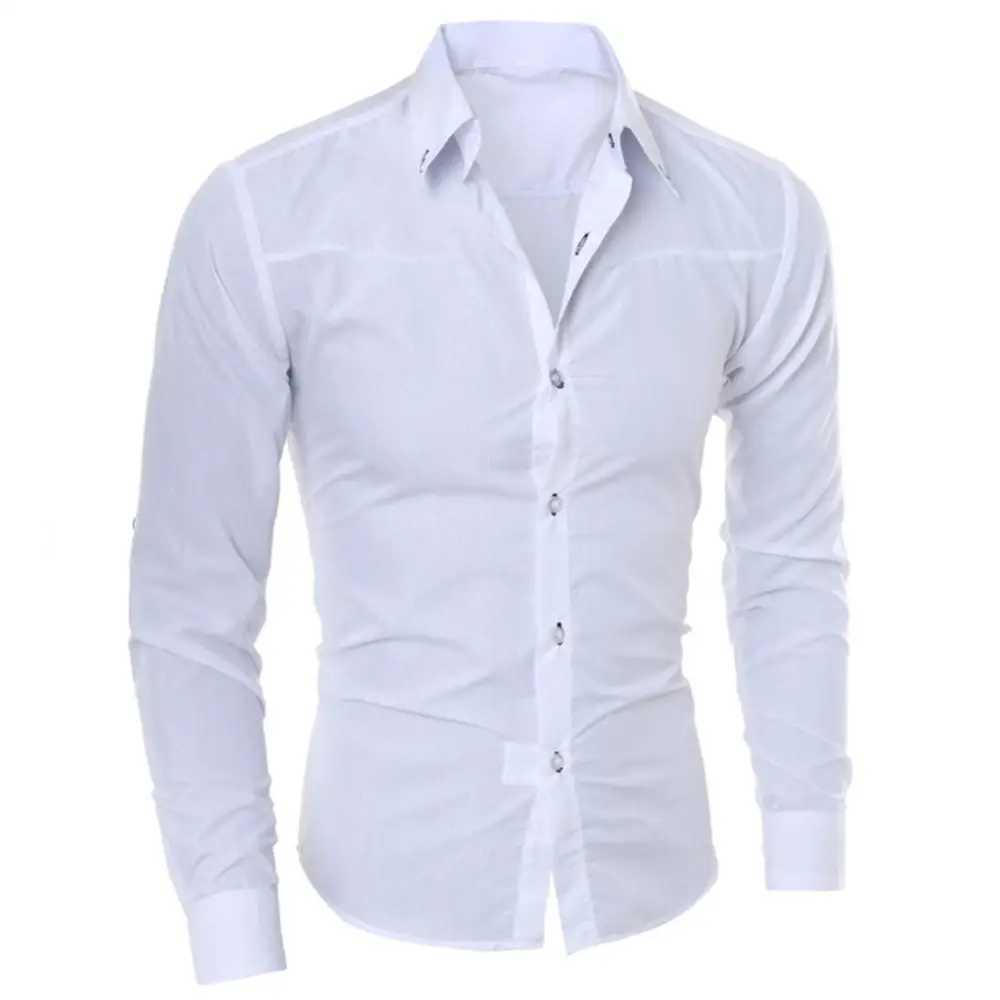 Men Shirts Solid Color Turn Down Collar Long Sleeve Shirts Button Closure Slim Fit Blouse Business Shirt Top Mens Clothing J251017