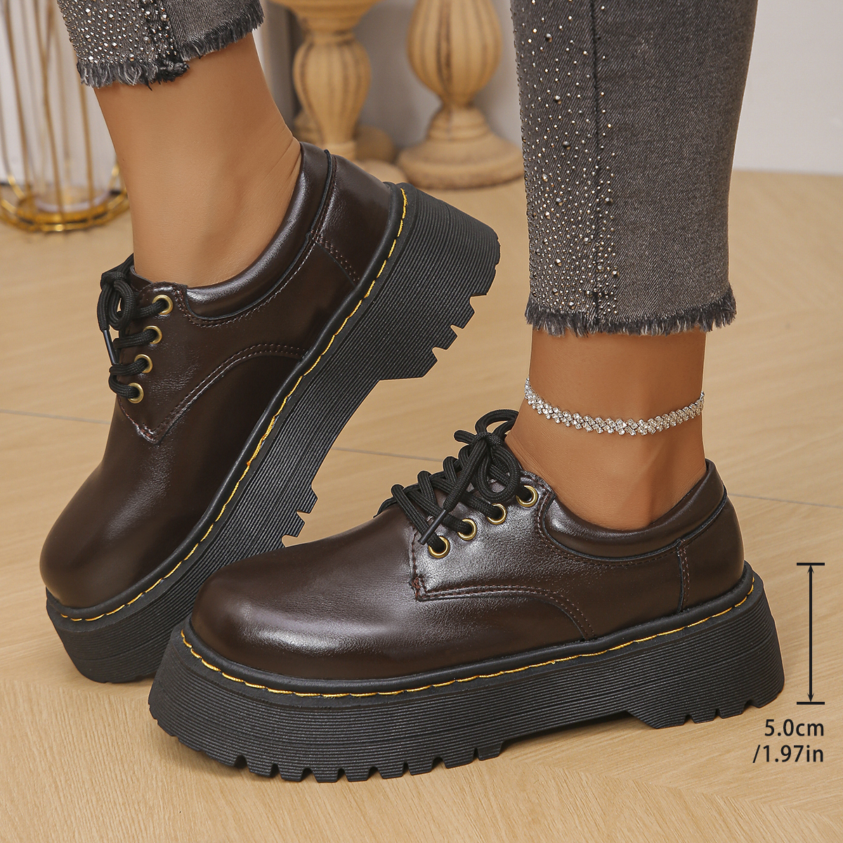 Women's Leather Round-Toe Low-Top Ankle Boots with Platform Soles for Students