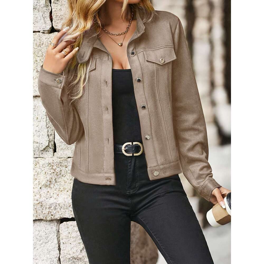 Plus Jacket Soft Stretchy Faux Suede Plus Size Women's Elegant Long Sleeve Button-Front Jacket | Solid Color With Stand-Up Collar & Chest Pockets