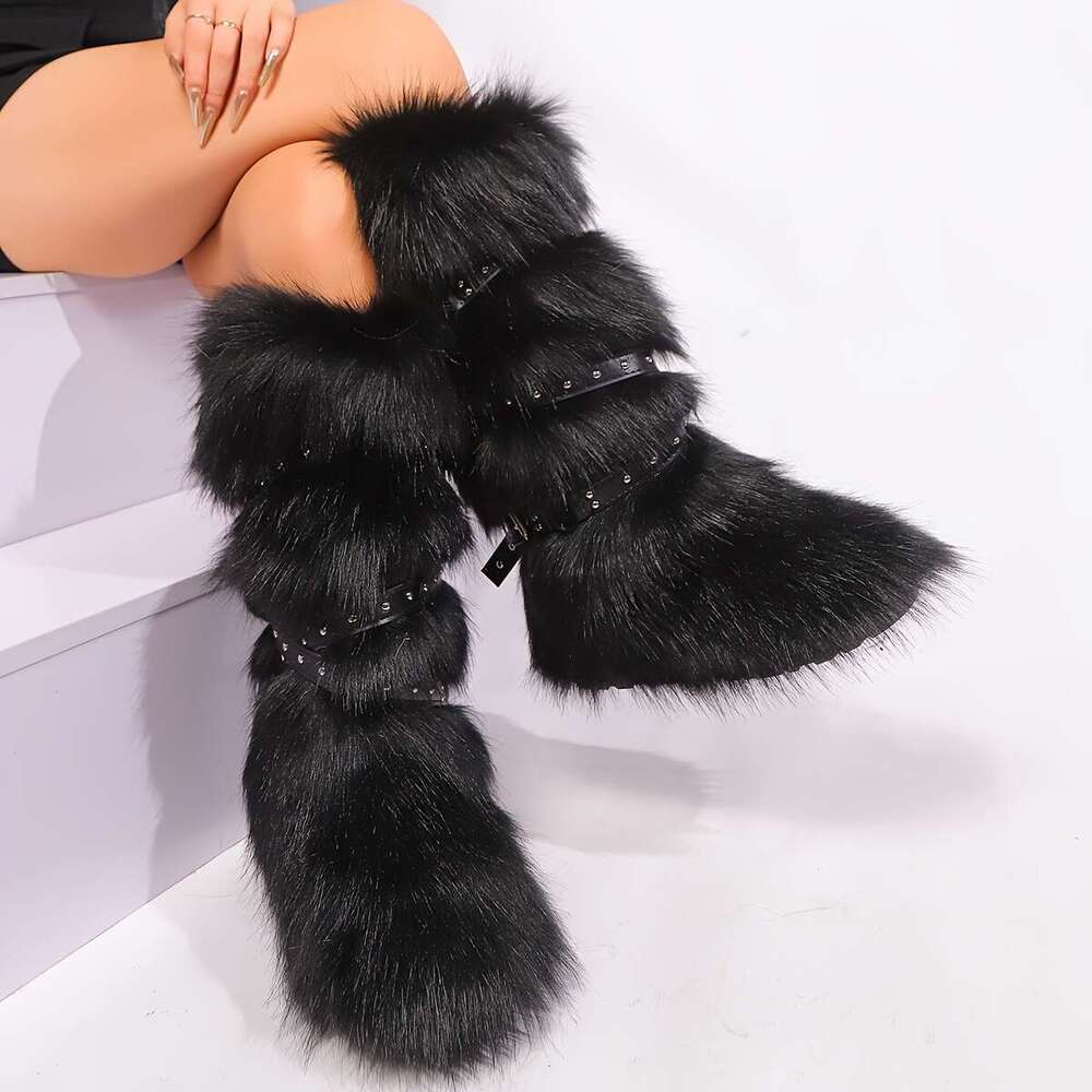 Women's Stylish Faux Fur Boots With Chain Detail - Warm Snow Slip-On Round Toe, Flat Superfine Fiber Upper & Lining, TPR Sole, Perfect For Outdoo