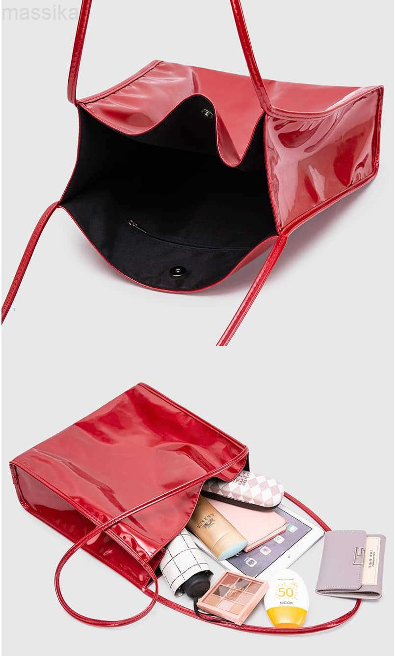 Women Patent Leather Bag Soft Tote Bag Shiny Shoulder Bag Minimal Purse Fashion Handbag M251017