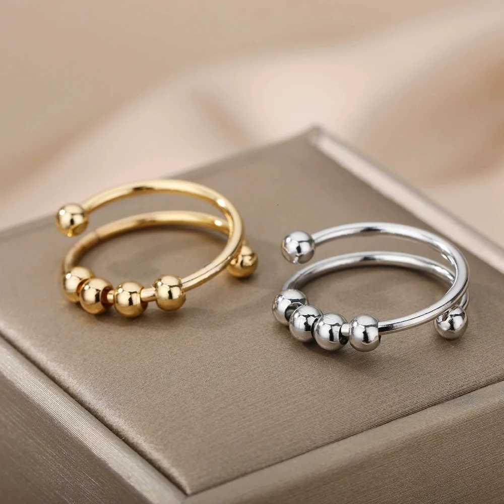 New Anxiety Balls Beads Rings for Women Open Spinner Adjustable Finger Ring Stainless Steel Rotating Freely Anti Stress GiftW251017