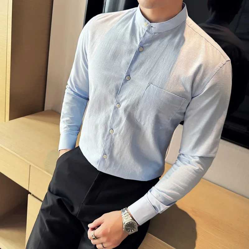 Mens Spring High Quality Long Sleeve Shirts Male Business Casual Dress Shirt Mens Standup Collar Solid Color Shirt 3XLM J251017