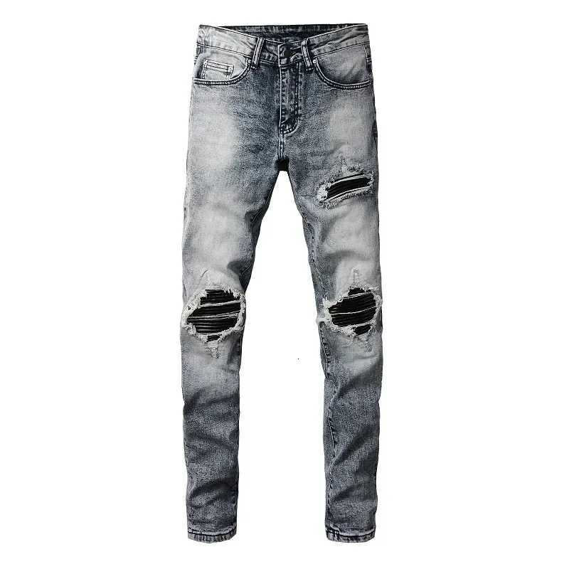 Mens Jeans Vintage Holes Trousers Rivet Patch Slim Skinny Ripped Jeans Casual Trendy Painted Distressed Denim Beggar Pants1 Y251105