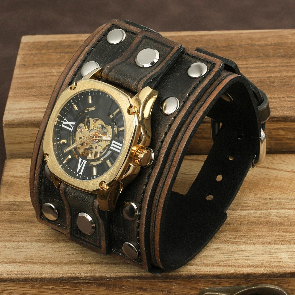 Vintage Punk Leather Cuff Strap 20mm Mens Wrist Watch Band with Mat Double Buckle Rivet Watchband Bracelet Watches Accessories 251016