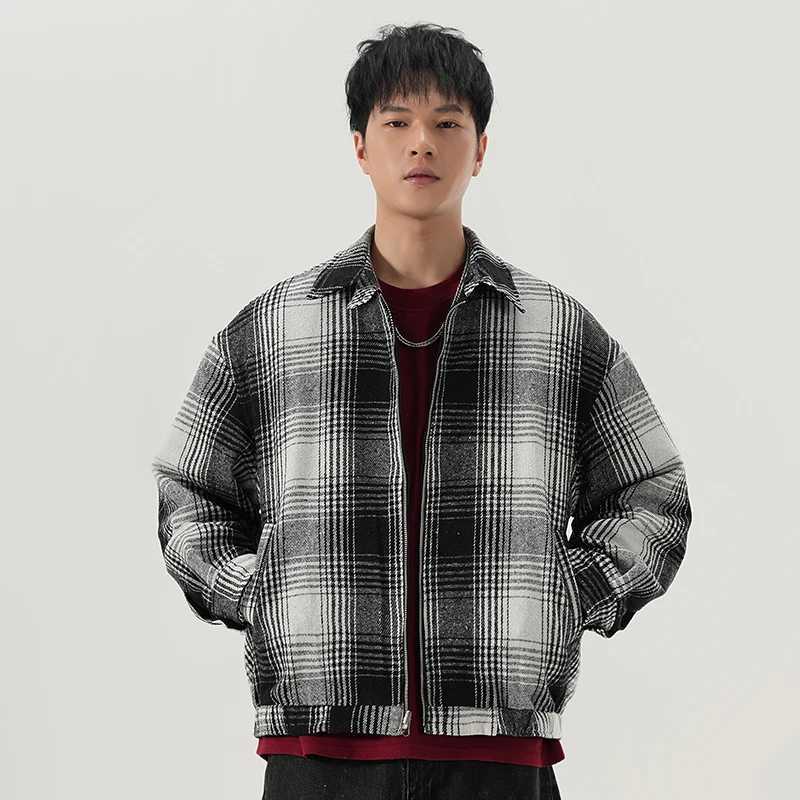 Men Streetwear Fashion Loose Casual Vintage Bomber Motorcycle Jacket Double Side Wearable Splice Plaid Spring Autumn Coat J251017