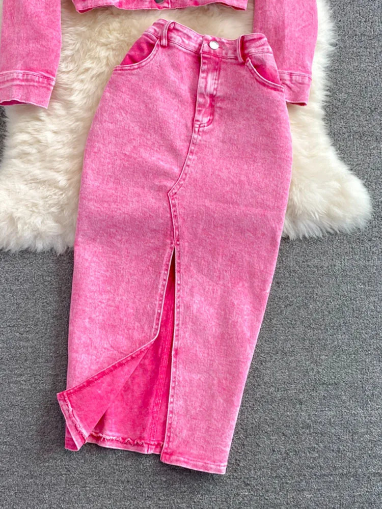 Autumn Women Pink Denim Sets Lapel Long Sleeve Short Denim Jacket High Waist Denim Skirt Korean Female Two Piece Set Streetwear 251017