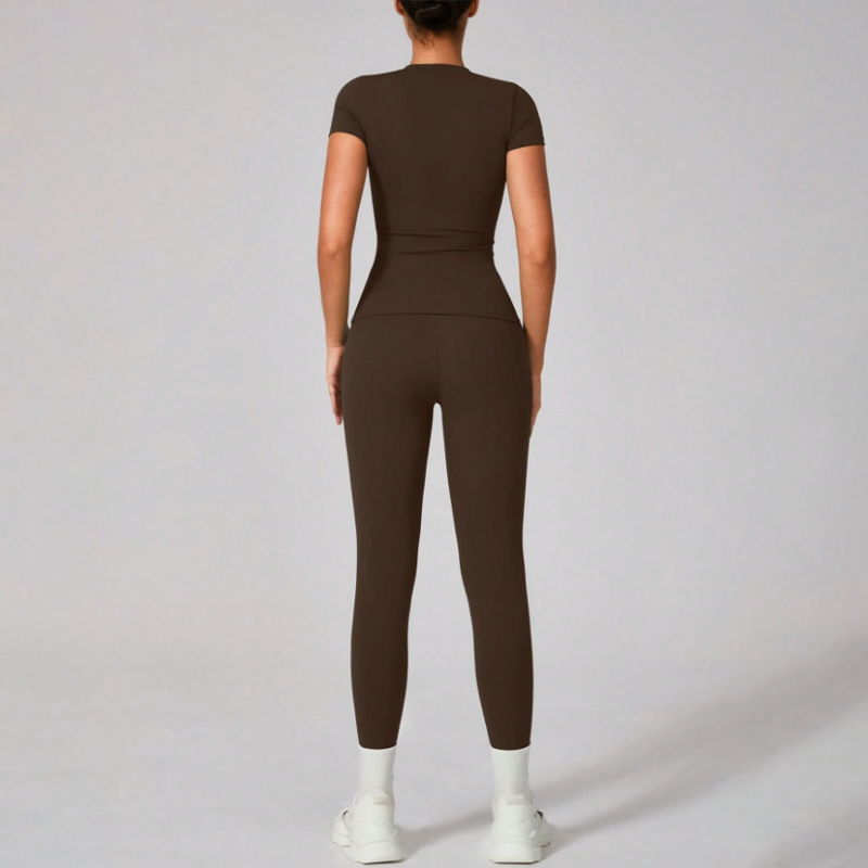 High waisted buttock lifting quick drying long sleeved yoga trousers Two piece yoga outfit Yoga Set Coffee brown