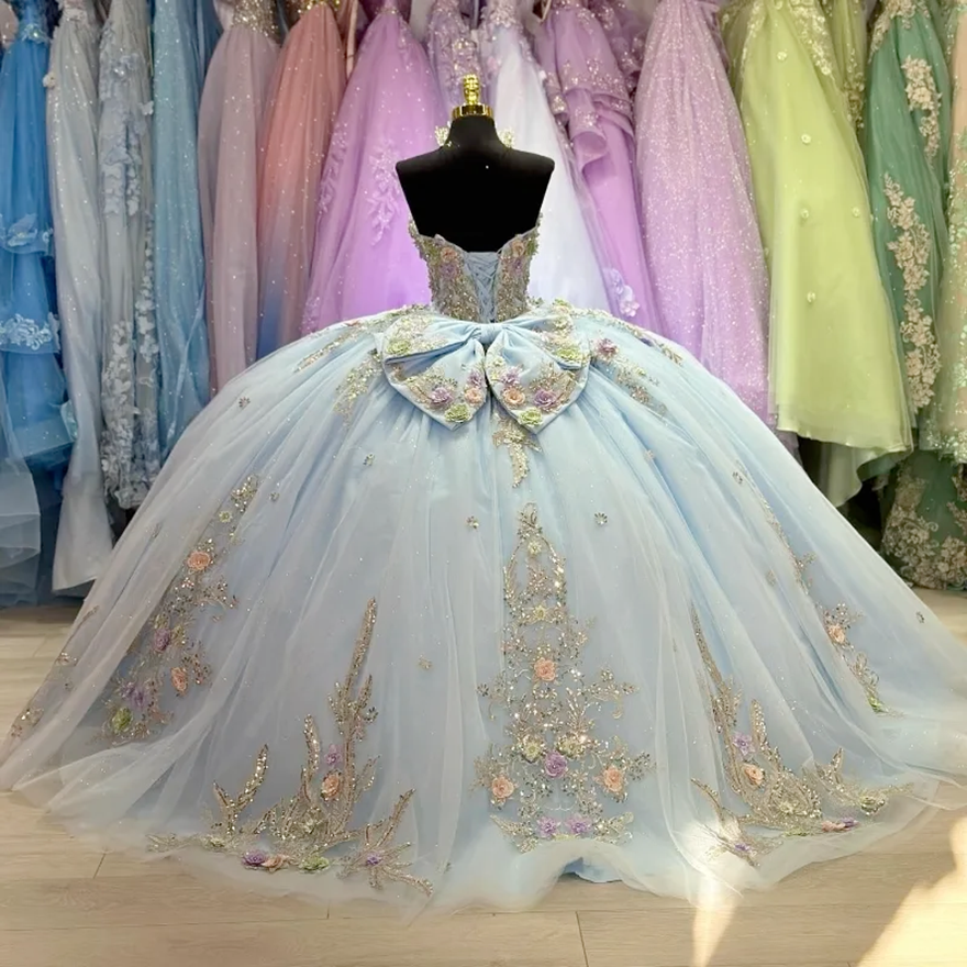 Sky Blue Quinceanera Dress Mexican Vestidos De 15 Applique Lace Tull Princess Sweet 16 Birthday XV Ball Gown Cinderella Girl Dress
