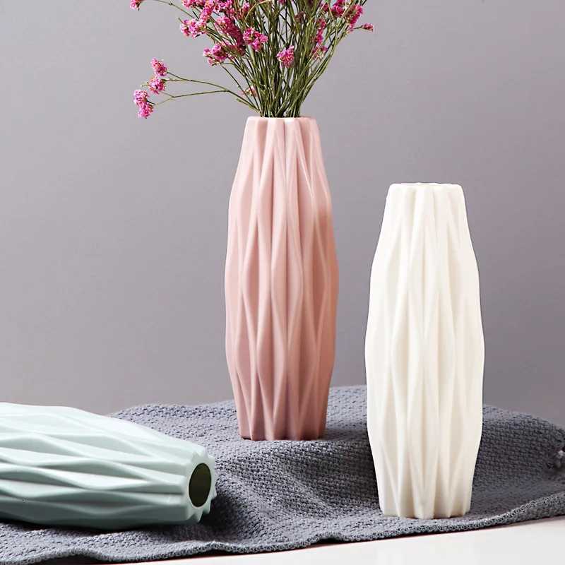 NEW 21cm Modern Flower Vase White Pink Green Plastic Vase Nordic Home Living Room Decoration Ornament Flower Arrangement Decor C251017