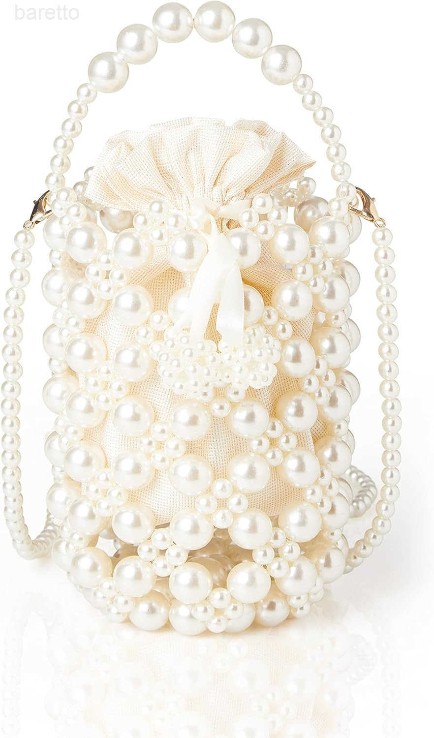 Womens White Pearl CluTCh Purse Bucket Beaded Bridal Evening Handbag Formal Reticulated Bag with Inner Bag for Party Wedding Z251017