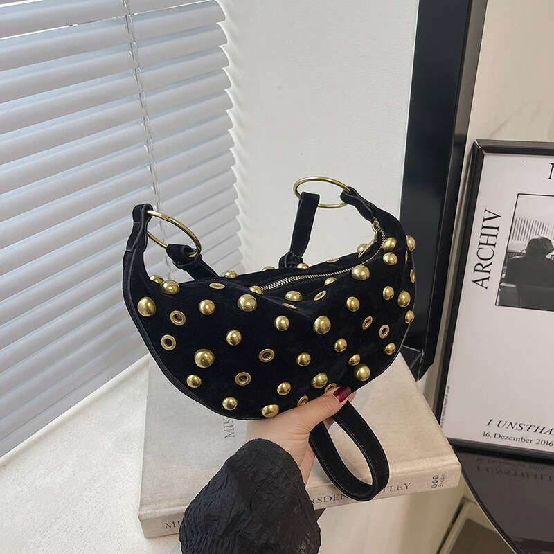 Fashion Womens Casual Bag Studded Heavy-duty Polka Dot Hollow Shoulder Bag Punk Style Crossbody Bag Metallic Crescent Women's Bag