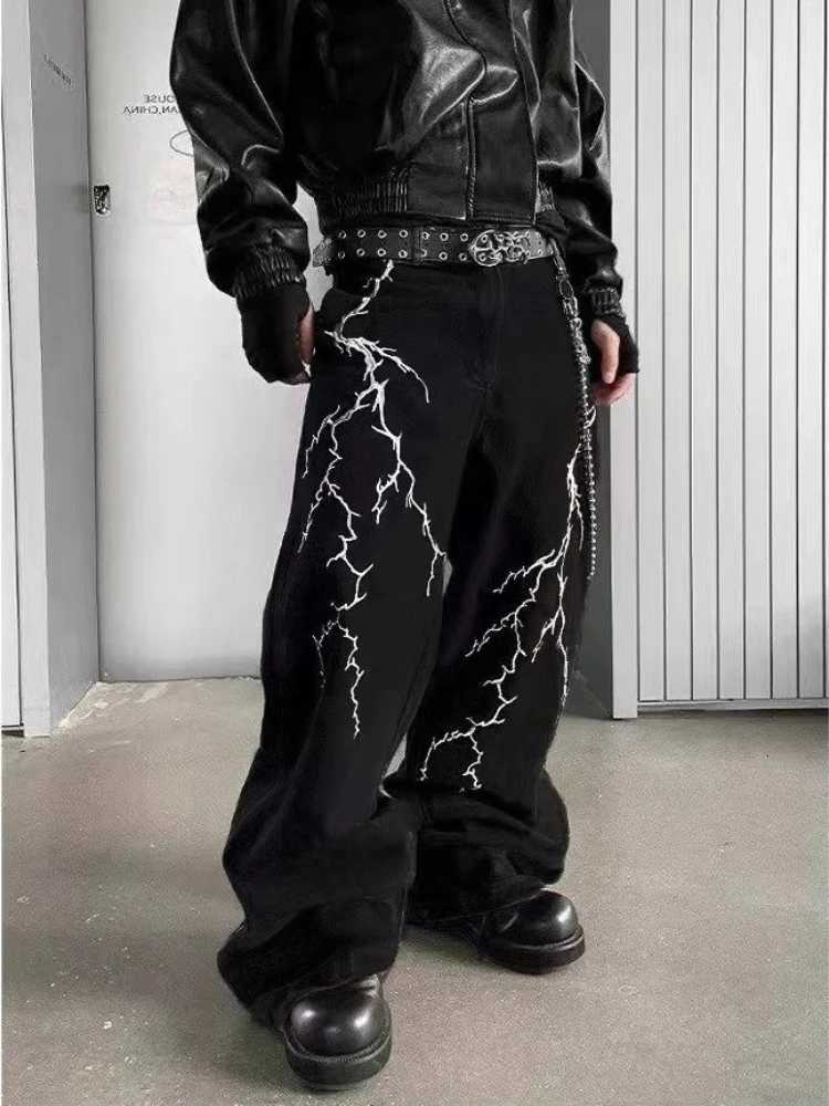 Y2k Fashion Baggy Jeans Black Mens Streetwear Straight Oversize Wideleg Pants Vintage Lightning Pattern Loose Denim Trousers Y251105