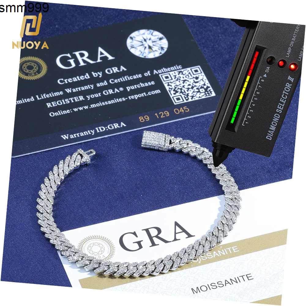 moissanite bracelet NUOYA Hip Hop Bracelet 925 Silver Iced Out Cuban Link Pass Diamond Test Custom 6mm Width 1 Row Cuban Chain Moissanite Bracelet