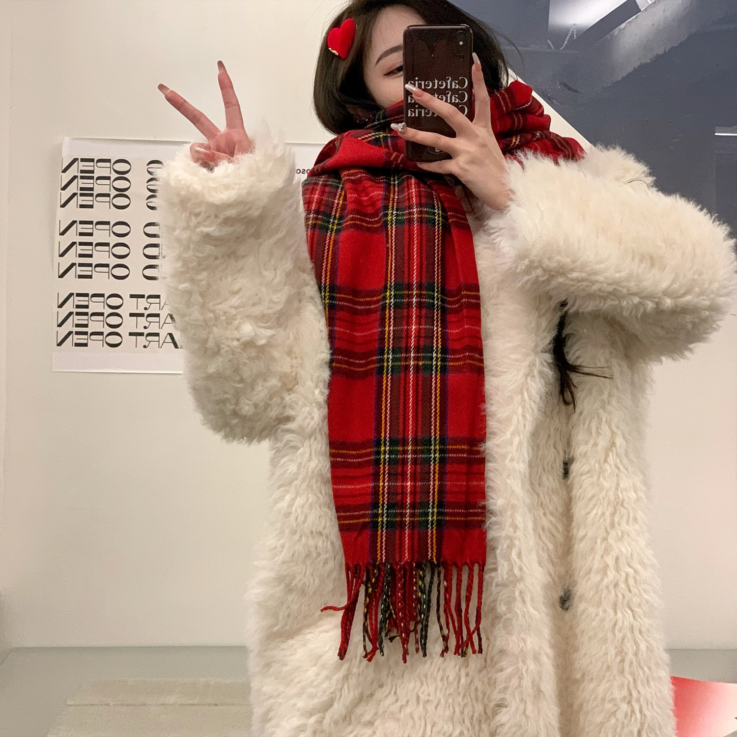 Korean Style Red Plaid Tassel Christmas Scarf Atmosphere Birthday Gift Winter Versatile Student Couple Shawl Trendy