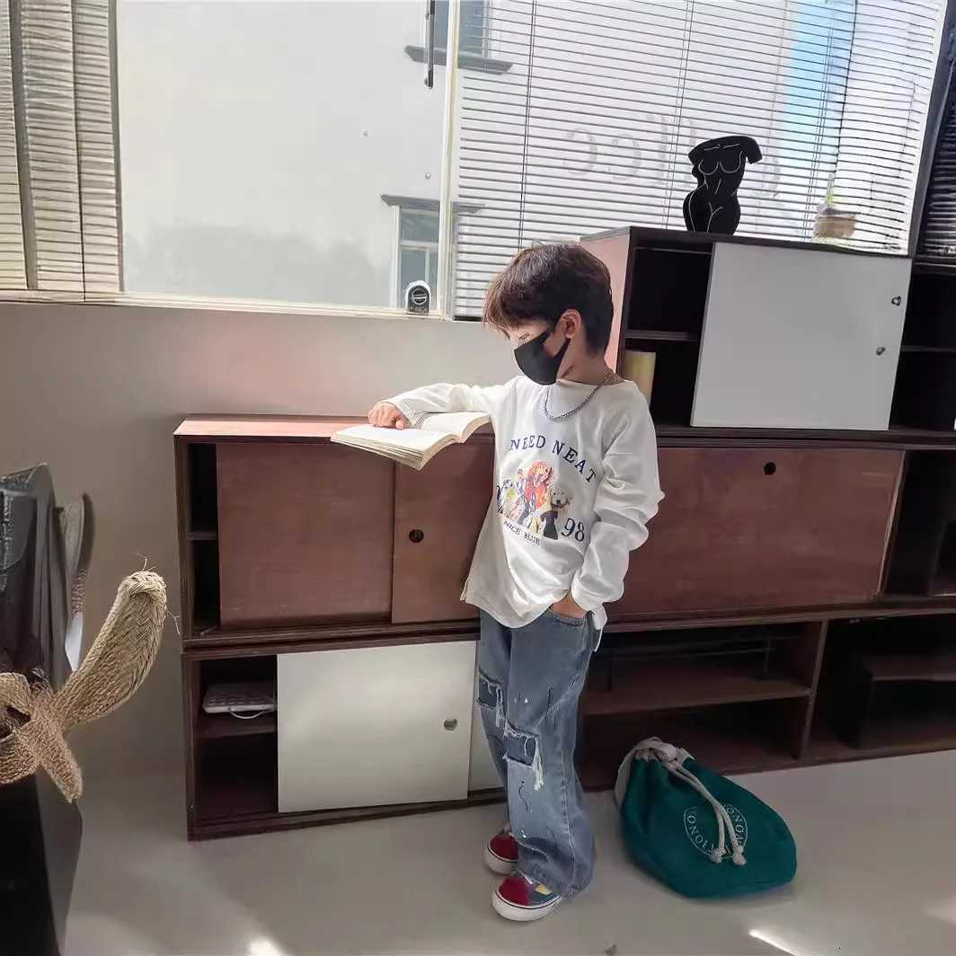 2025 New Spring Kids Pants Ripped Jeans Fashion Korean Simple Style Baggy Wide Leg CowboyT251017