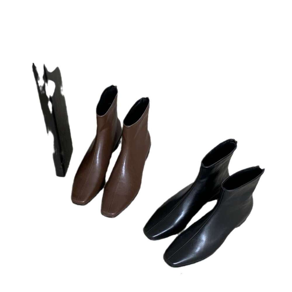 2025 Autumn New Women's Designer Shoe - Korean Style Fashionable Short Boots, Square Toe Slim Thick Low Heel with Convenient Back Zipper